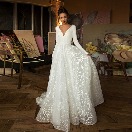 Beautiful Satin Backless Long Sleeve V-neck Boho Bridal Gown