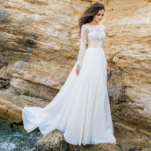 Elegant White Ivory Long Sleeve Lace Chiffon Wedding Dress